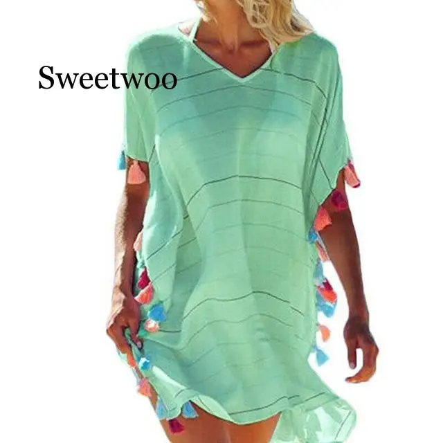 2020 Women Beach Short Tunic Cover-Ups Vestidos Solid V Neck Sundress Loose Party Bikini Cover