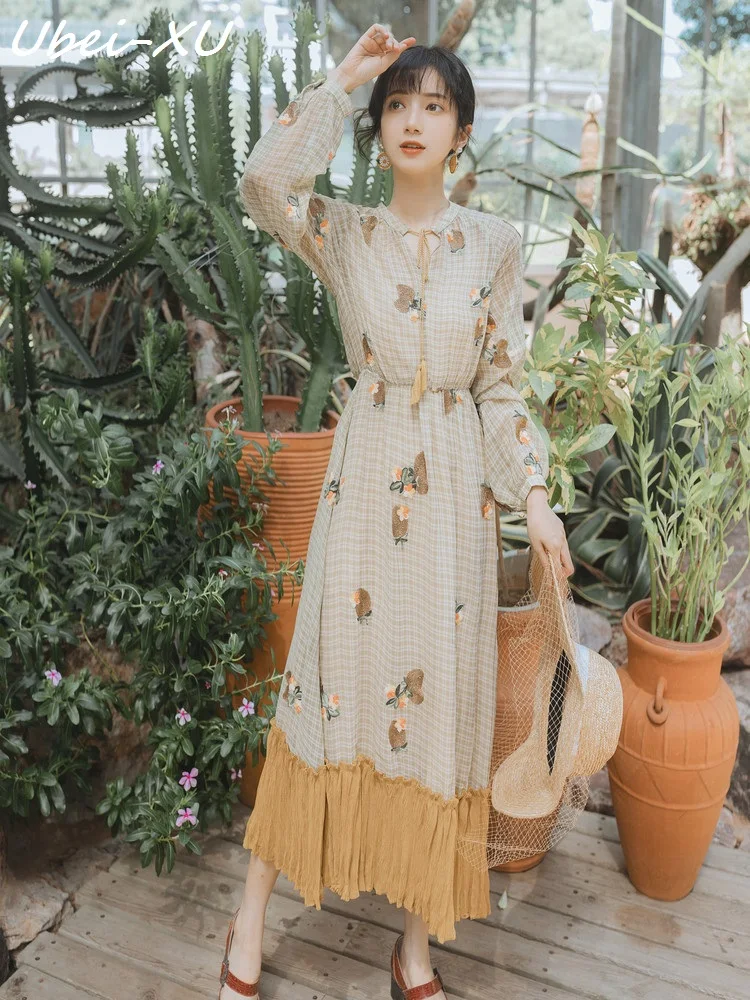 

Ubei Early autumn new fund small pure fresh restore dress embroidery plaid dress female long sleeve fairy long chiffon dress