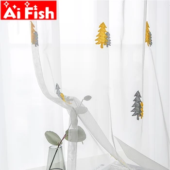 

Yellow Grey Christmas Pine Tree Embroidered Tulle for Kid's Bedroom Blue Green Plant Kitchen Drapes Living Room Curtains MY214#5
