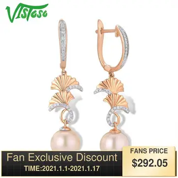 شراءVISTOSO النقي 14 K 585 ارتفع الذهب تألق الماس أنيقة المياه العذبة أقراط اللؤلؤ للنساء فريد العصرية الزفاف غرامة مجوهرات