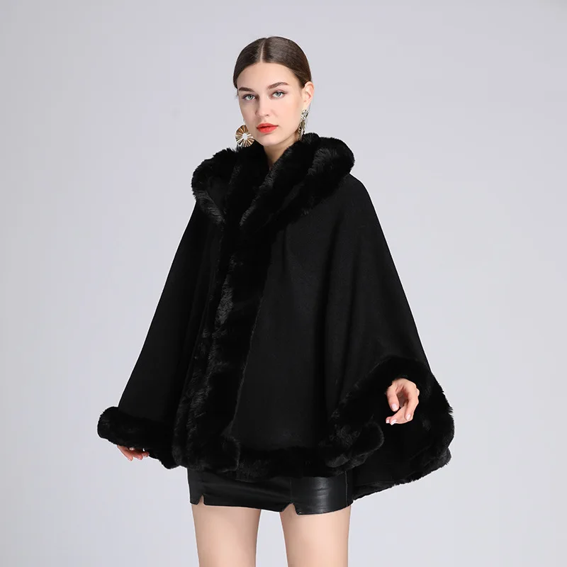 2021 Winter Women Poncho Big Faux Fur Collar Long Tassel Cape Thick Warm Faux Woolen Plus Velvet Outside Coat With Hat