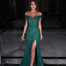 Сексуальное с плеча Изумрудное Кружево Русалка вечернее платье с разрезом арабское длинное женское платье Дубай Выпускные платья
