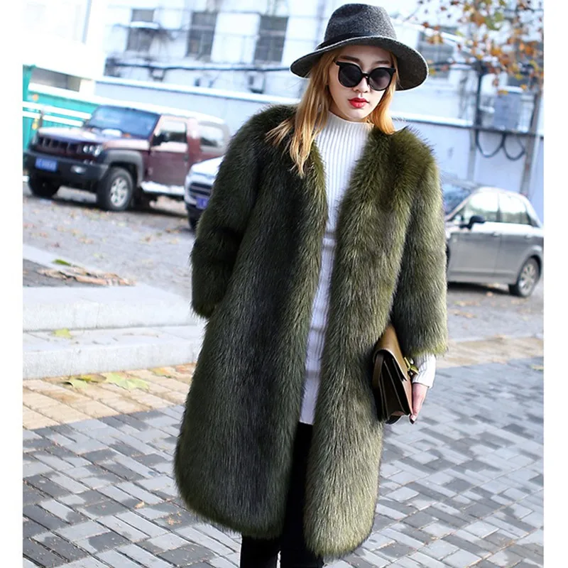 

HANZANGL 2019 Winter new haining imitation fox fur coat Korean version long section was thin fashion fur coat green/gray