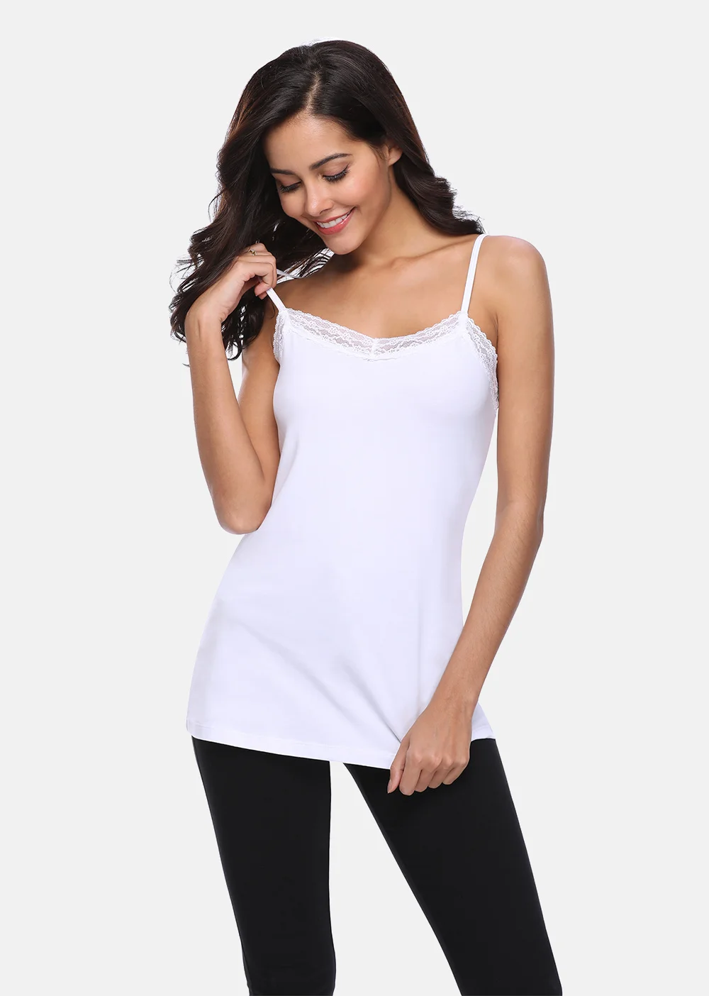 Anfilia Women Basic Camisole Cotton Soft Camisole Lace Tank Tops Adjustable Strapped Night Sleepwear Pack of 2 Running Vests