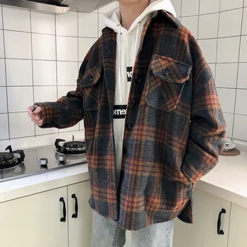 

Winter New Woolen Coat Men Fashion Retro Casual Plaid Long Jacket Man Streetwear Loose Couple Woolen Windbreaker Male Clothes