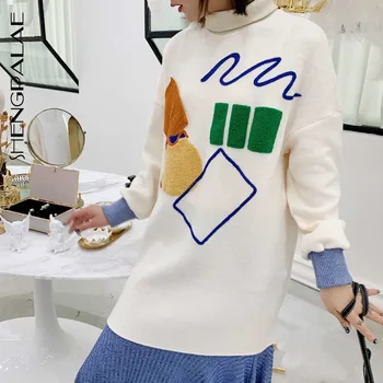 

SHENGPALAE High Collar Long Sleeve Stitching Contrast Color Fishtail Woman Knit Dress Casual Fashion 2020 Spring New TD046