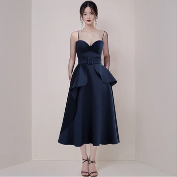 

COIGARSAM Ruffles Women Long dress New Summer Spring Spaghetti Strap Dresses Dark Blue 370