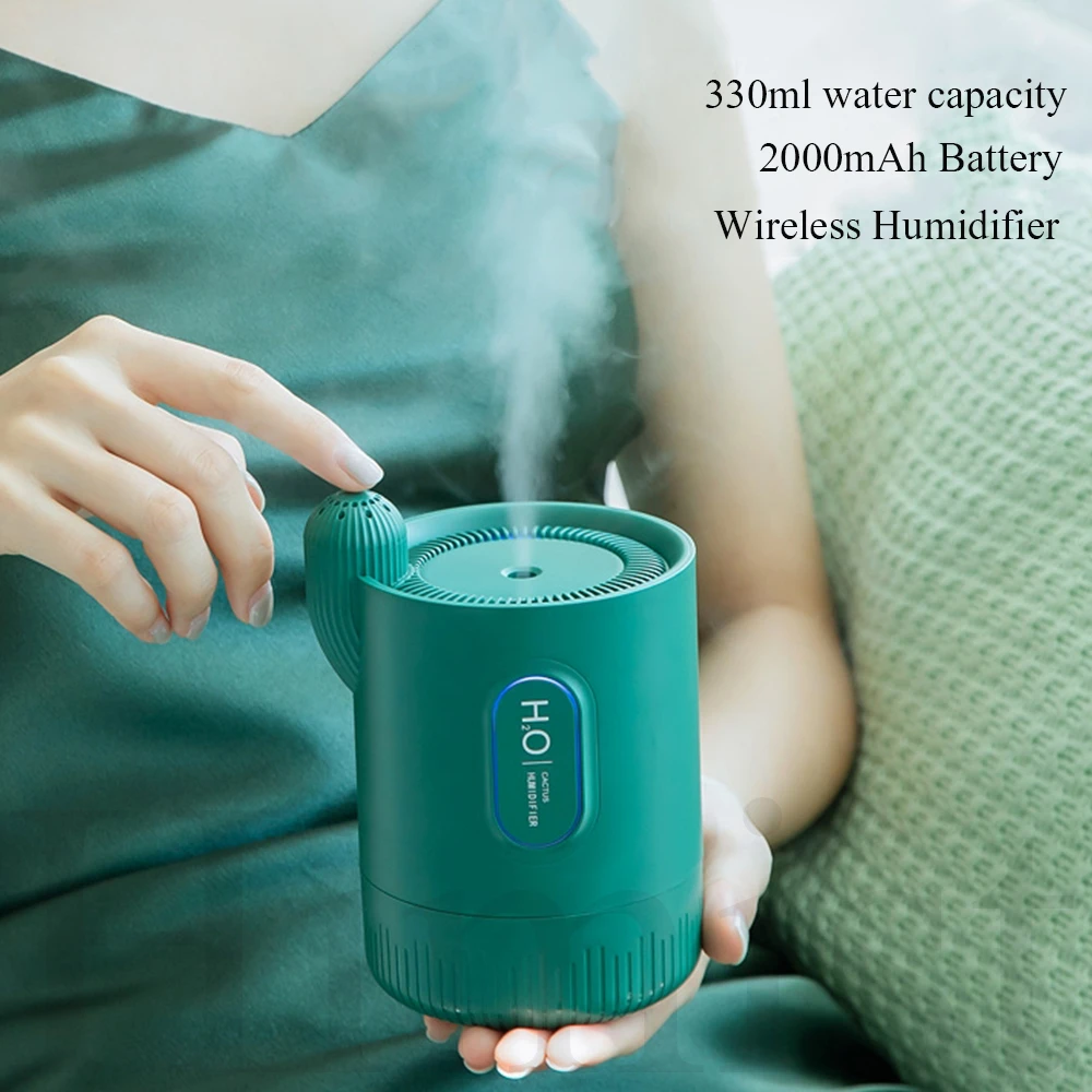 

Portable Wireless air Humidifier 2000mAh Rechargeable Built-in Battery Cactus Ultrasonic Cool Mist Aroma Essential Oil Diffuser