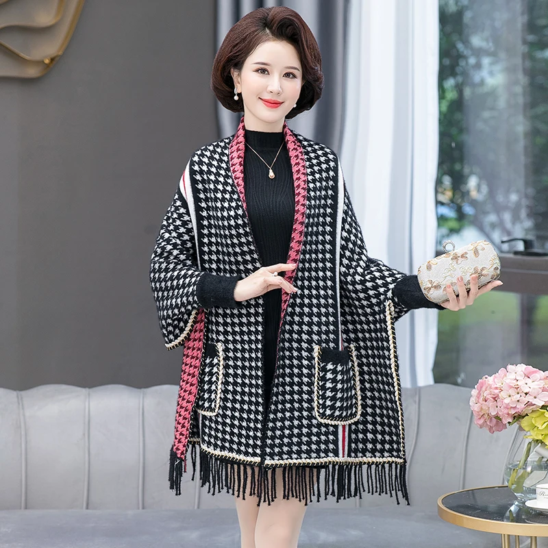 

Hot Sale Winter Woman Popular Mink Velvet Stripes Houndstooth Big Shawl With Sleeves Pocket Warm Tassel Knit Poncho Cape Sweater