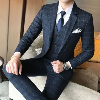 

Brand suit men's 2020 classic check suit 3 Piece Set luxury fashion Men's blue tuxedo boutique men groom wedding dress suit