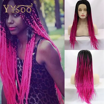 

YYsoo Natural Straight Synthetic Lace Front Micro Braids Wig Ombre Black to Pink Hand Tied Heat Resistant Braided Wigs For Women