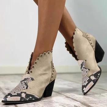 

Women Shoes Ankle Heel Fashion Boots Leopard Ladies Flock Rome Style Boots Solid Heel High Martin Casual Side Boots