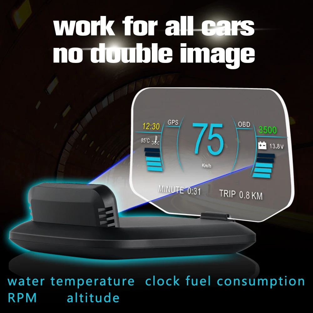 GPS Speedometer + OBD2 Display Auto HUD Head Up Display Stereo Image  On-board Computer Overspeed Warning Windshield Projection