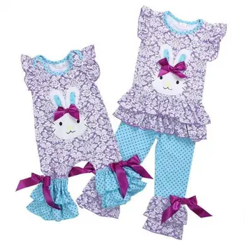 

Bay Girls Sister Cute Easter Clothing Set and Romper Short Sleeve Top With Full Pants Outfit Fashion Holiday Clothes For Kids