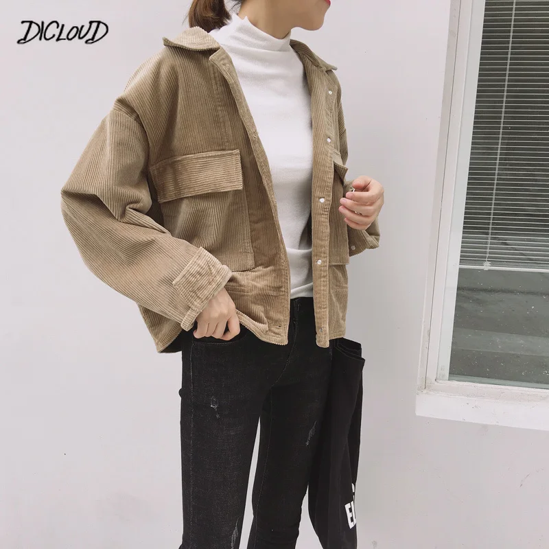 

DiCloud Korean Corduroy Short Jacket Women Stylish Autumn Loose Jacket Female Casual Vintage Long Sleeve Lapel Tops 2019