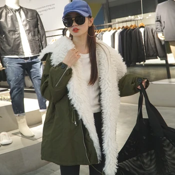 

Korean-Style Loose Lapel Fake Sheep Fur Collar Parka Coat Winter Warm Green Short Cotton Clothing Elastic Waist Women Coat