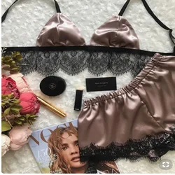Pajama Set Women Two Piece Set Summer Shorts V-Neck Sleeveless Sleepwear Lace Sexy Briefs Three-point