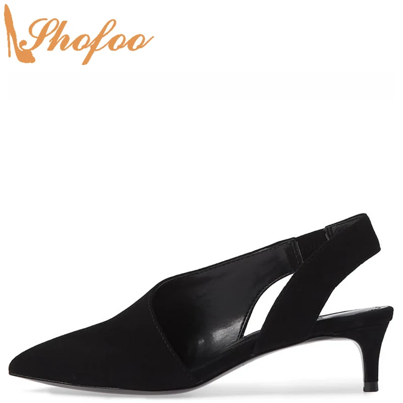 

Black Slingback Pumps High Kitten Heels Suede Women Pointed Toe Elastic Big Size 43 44 Ladies Summer Office Mature Shoes Shofoo