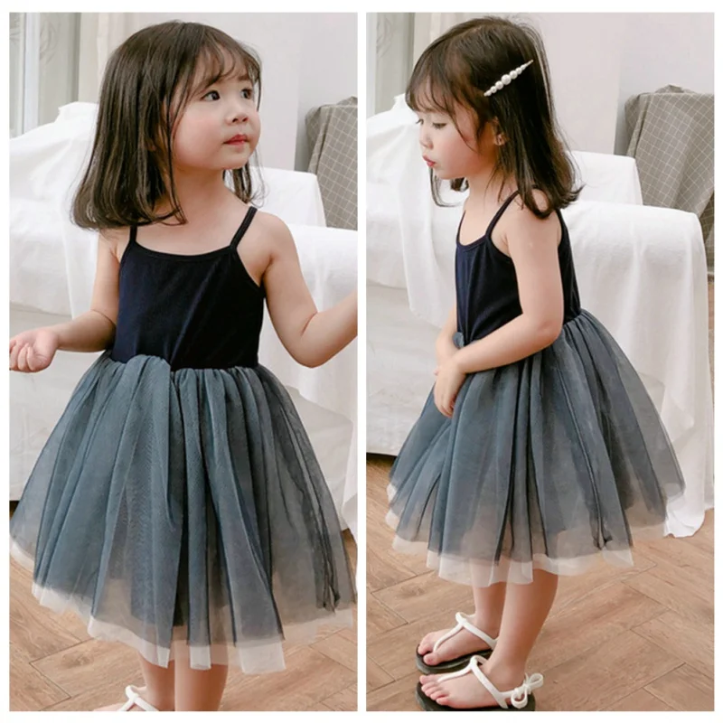 2020 Dress Princess Mesh Gauze Black Dresses Girls Simple Fashion Color Matching Sling Children's Clothing | Детская одежда и