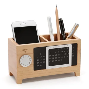 

Pen Pencil Holder Case Wooden Desk Organizer With Calendar Ornaments Table Storage Container 2 Grids Wooden Storage Box Gift new