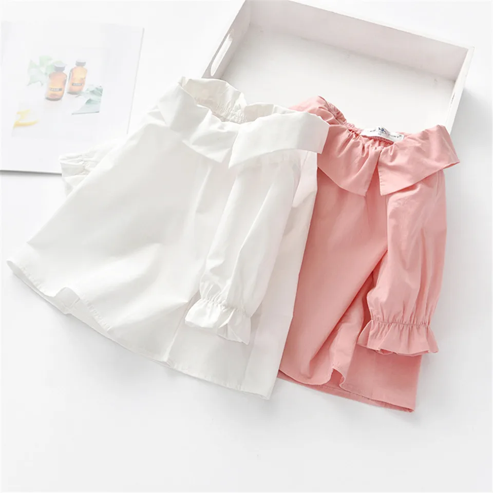 2019 New Girls Blouse Solid Cotton Kid White Blouse Brief Design