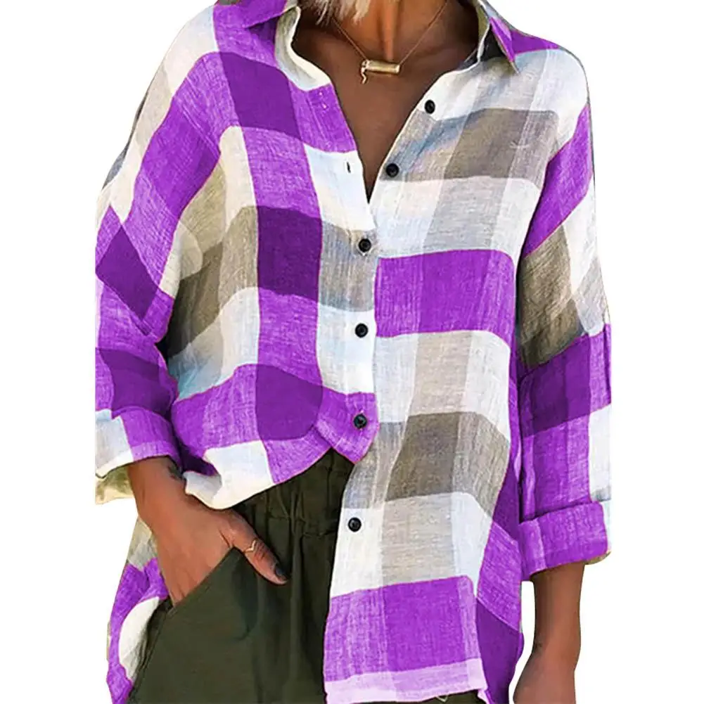 Fashion Women Plaid Shirt Turn-down Collar Check Plaid Buttons Shirt Top Long Sleeve Loose Blouse Blusas 2