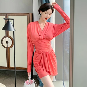 Fashion French Vintage Sexy V-Neck Ruffle Puff Sleeve Mini Party Club Dress Women Elegant Coffee Break Corset Folds Female Dress