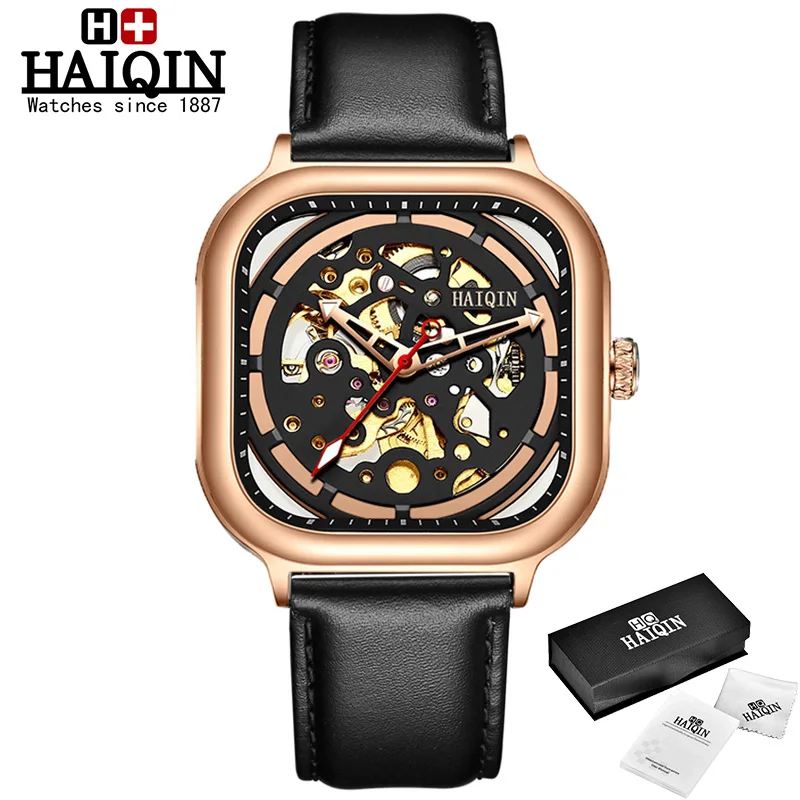 HAIQIN Fashion Sport Mens Watches top brand luxury Square Mechanical watch men wirstwatch Hollow skeleton erkek kol saati - Цвет: Коричневый