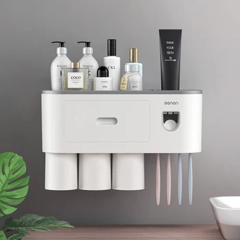 

Adsorption Inverted Toothbrush Holder Automatic and Toothpaste Squeezer Dispenser,With Cups Multifunction Bathroom Accessories