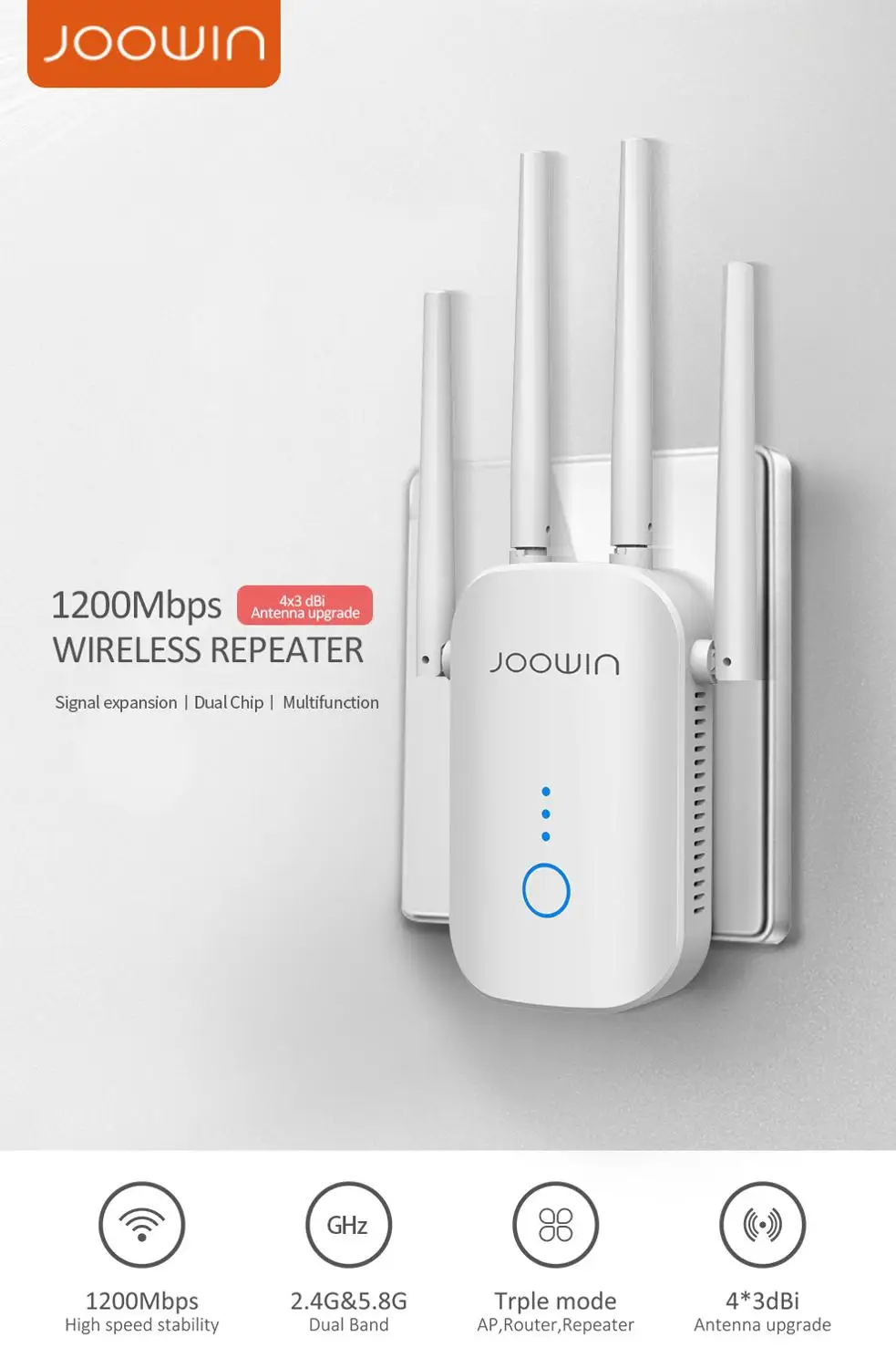 WiFi Extender WiFi Signal Booster with Router/Repeater/Access Point Mode JOOWIN 300Mbps WiFi Range Extender 2.4GHz Wireless Repeater with External Antennas US Plug WPS