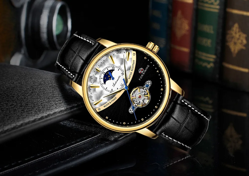 Forsining механические часы для мужчин Автоматический Tourbillon Moon Phase нержавеющая сталь Группа бизнес часы Relogio мужские часы
