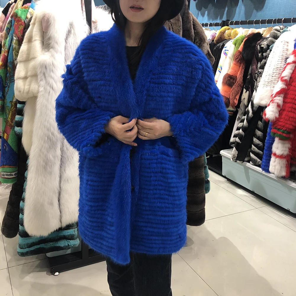 Blue Real mink fur coat women winter Luxurious High-quality oversize new fashion style coat - Цвет: Blue