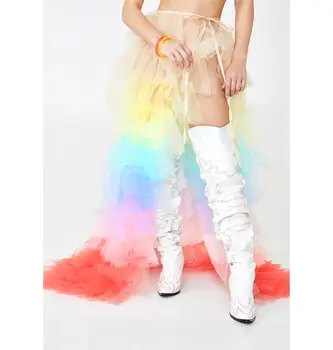 

2020 Hot Sale Rainbow Wrap Skirts For Women See Thru Ribbon Sash Free Size Tutu Detachable Train Long Ruffles Tiered Tulle Skirt