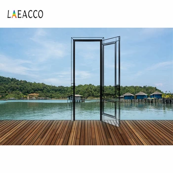 

Laeacco Wooden Floor Door Lake Nature Scenic Photography Background Scene Child Portrait Photo Backdrop For Photo Studio Wall