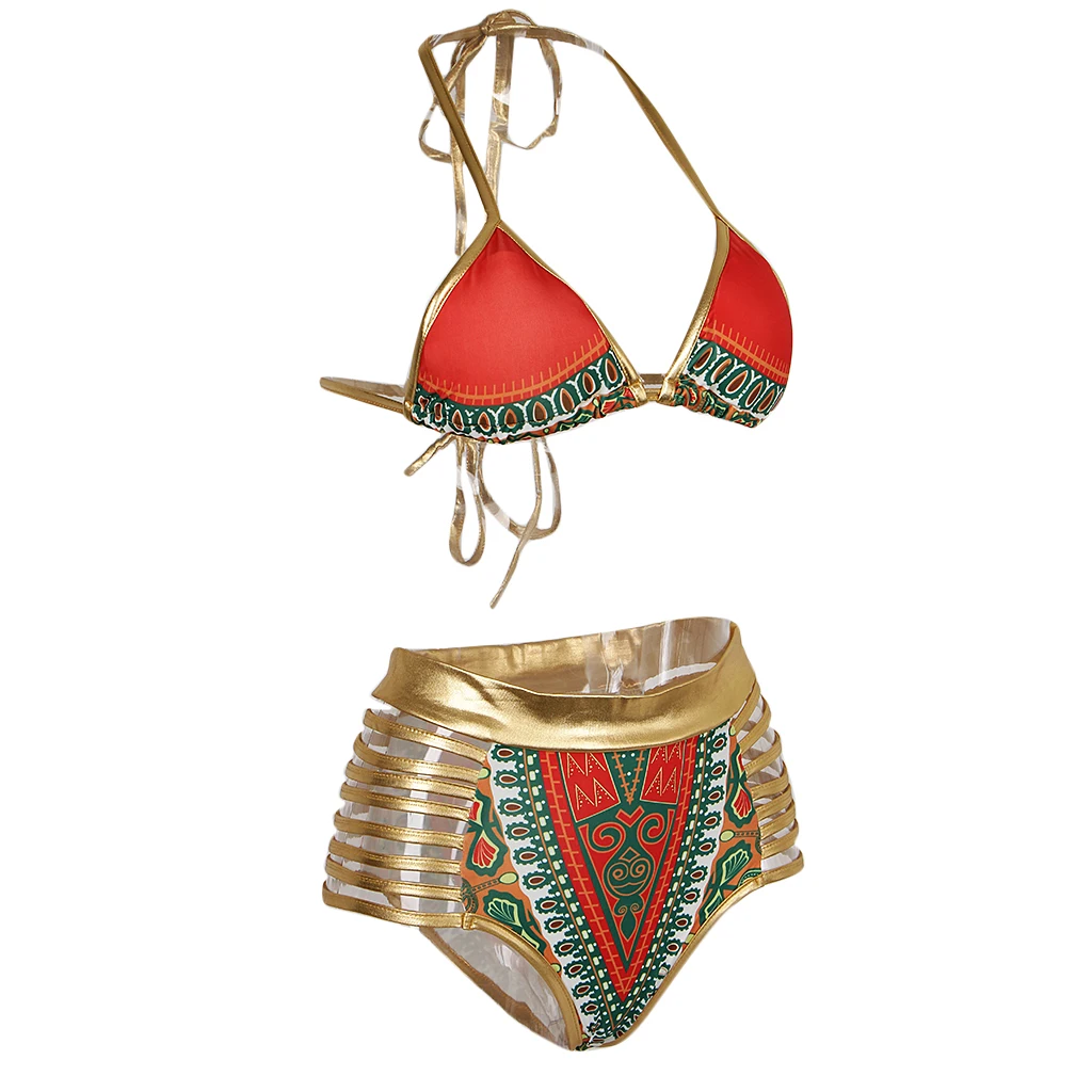 Vintage African Tribal Prints Bikini Swimsuit Bandage Swimwear Blue S Set of sexy swimsuit for women