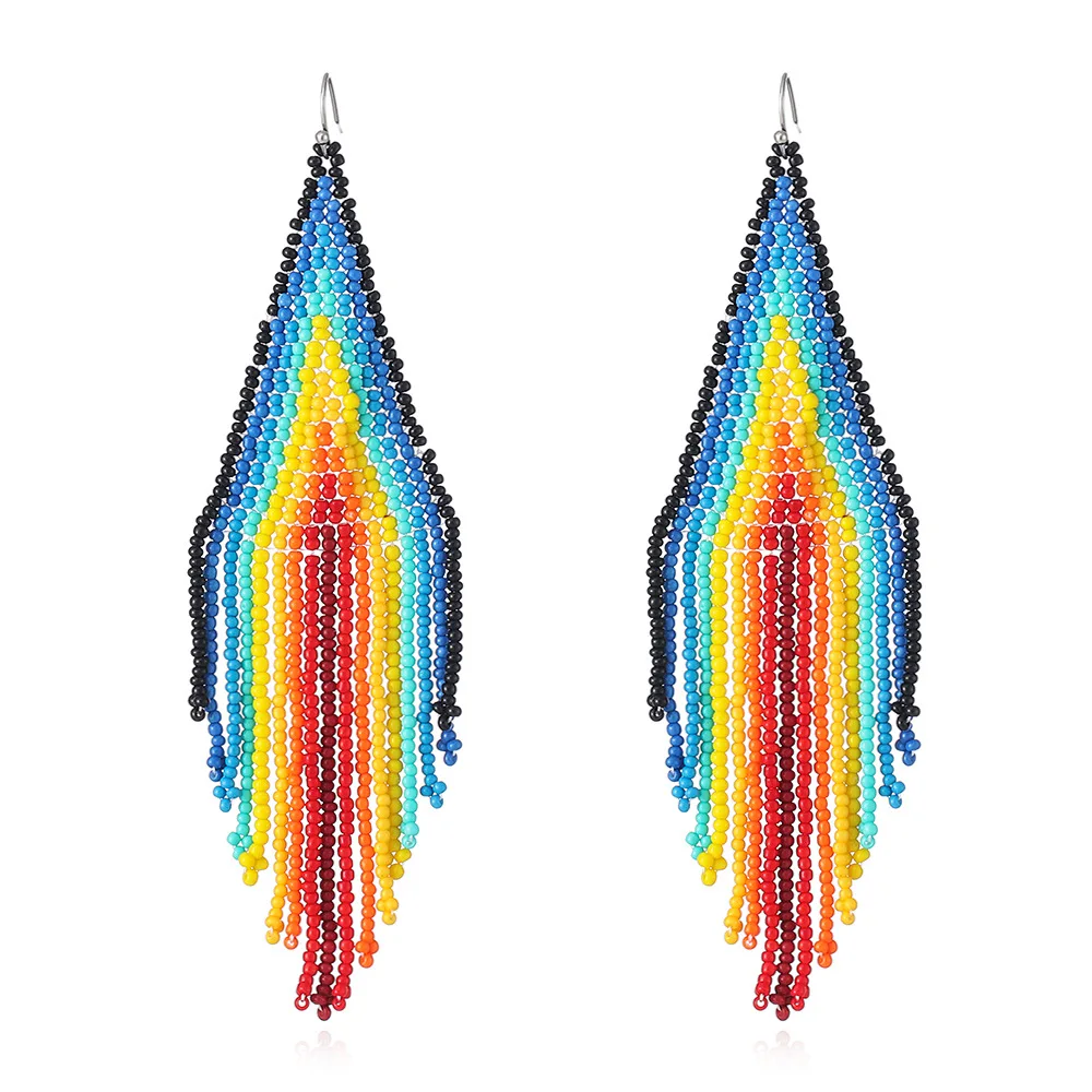 

2019 New Heterogeneous Geometry Hand-pierced Tassel Rainbow Earrings Multicolored Acrylic Beads Bohemian Earrings for Women