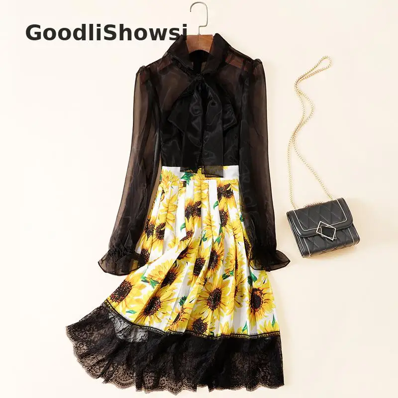 GoodliShowsi Новое поступление элегантное платье из органзы с принтом в виде цветов подсолнуха Лоскутные кружевные платья с бантом и воротником с расклешенными рукавами