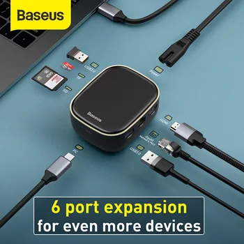 

Baseus 6 in 1 USB C HUB Type C to Multi HDMI RJ45 USB 3.0 2.0 with AC Power Adapter Docking Station for MacBook Pro USB-C Hub
