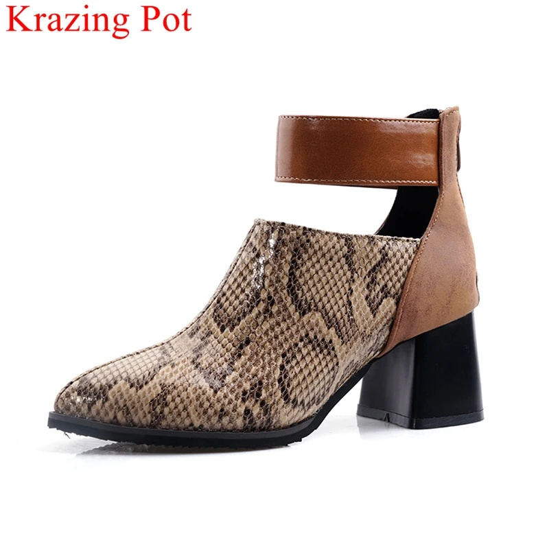 

new arrival pu snake big size dress pointed toe ankle boots high heels office lady ankle strap gladiator casual winter shoes L61