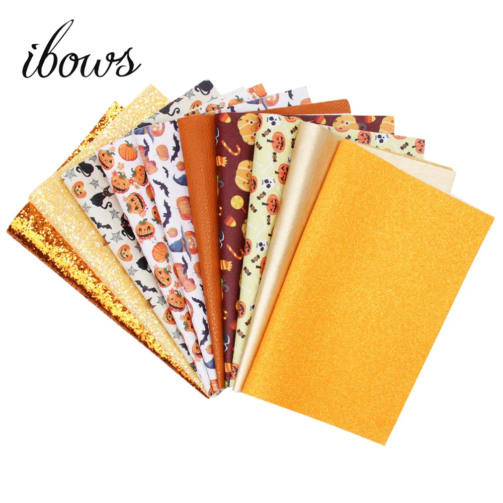 

IBOWS 22*30cm 10PCS/Set Halloween Synthetic Leather Set Glitter Faux Artificial Fabric DIY Sewing Garment HairBows Bags Shoes