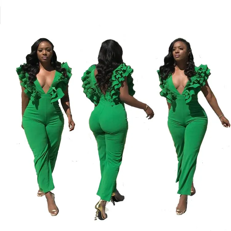 

Womens Deep V Neck Cascading Ruffle Wide Leg Jumpsuit 2019 New Butterfly Sleeve Backless Overall Plus Size Rompers