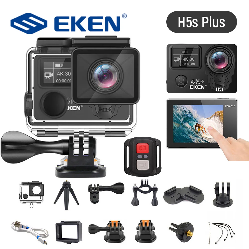 EKEN-Cámara de acción H5S Plus, 4K, 30fps, HD EIS, 30m, impermeable, pantalla táctil de 2,0 pulgadas, cámara deportiva, lente de ángulo ultraancho de 170 grados