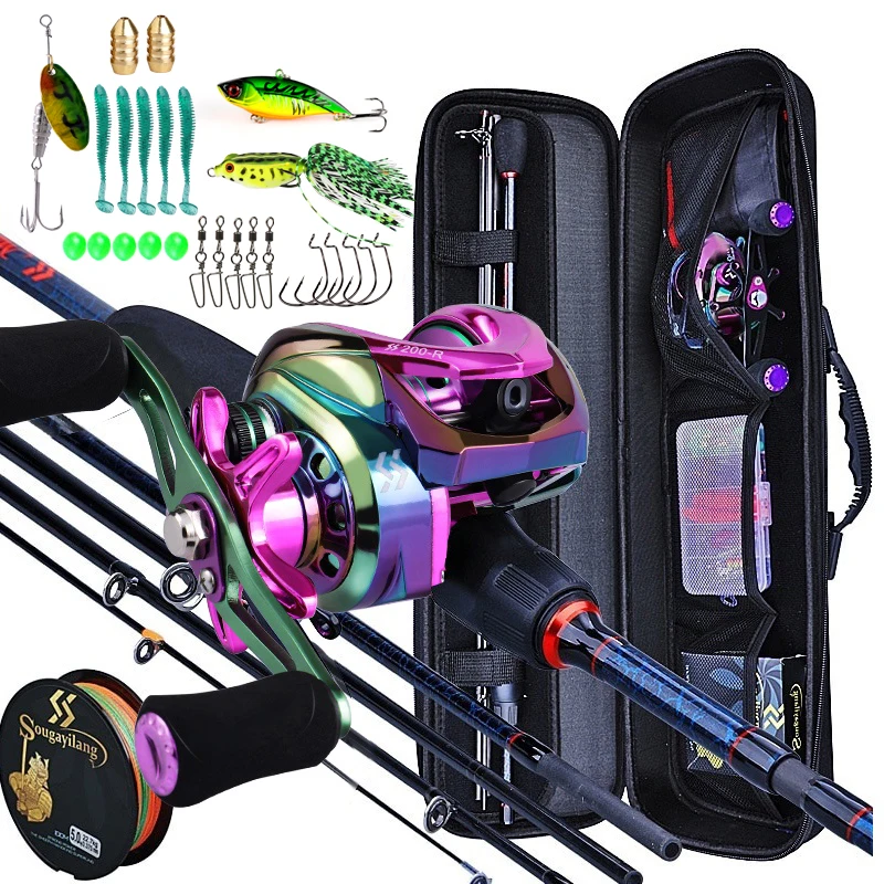 Sougayilang Fishing Rod and Reel Set 5 Section Carbon Rod Baitcasting