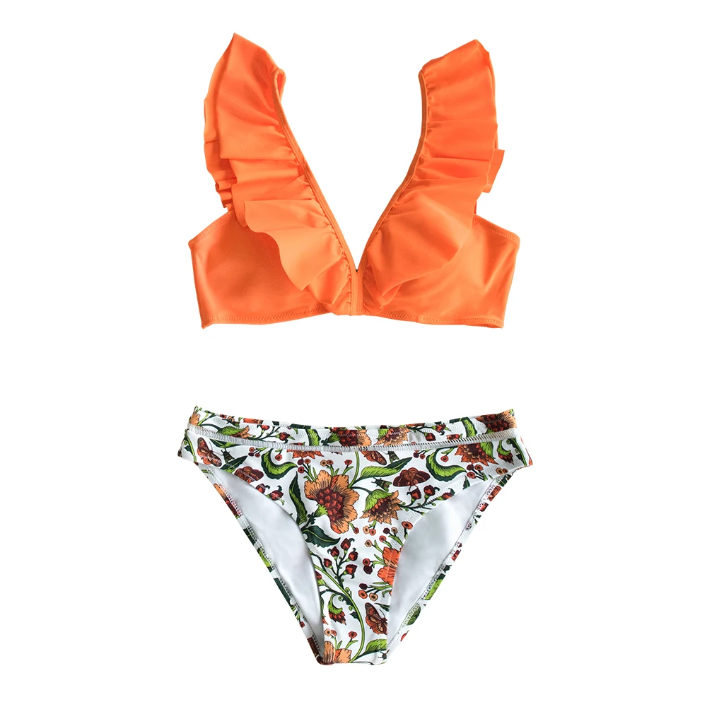 SEASELFIE 2020 Sexy Low-waist Bikinis Set Swimwear Women Swimsuits Bathing Suit Biquini Orange Floral Ruffled Bikini Beachwear