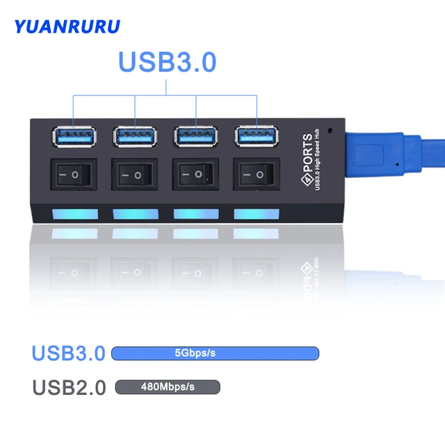 USB Hub 3,0 Hub USB 3 USB 2,0 Multi USB divisor adaptador de corriente 4/7 puertos expansor múltiple 2,0 con interruptor para accesorios de PC 2