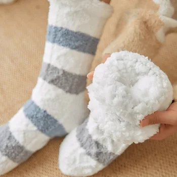 

Winter Women Warm Socks Simple stripes Cotton Coral Velve Thicken Soft Socks Girl Plus Velvet Folding ankle Warm Female Socks