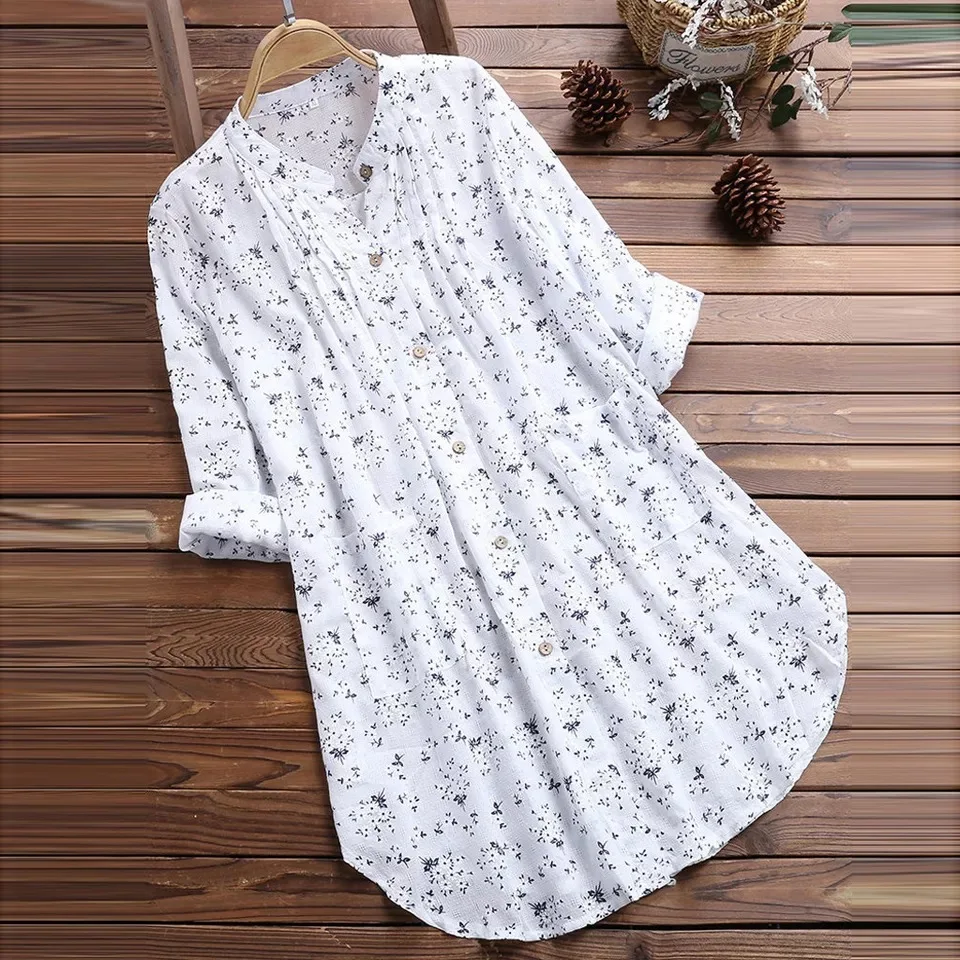 

Spring and Autumn New Cotton and Hemp Flower Medium and Long Loose Women's Shirts 5xl Plus Size Cotton and Linen Women Blouses