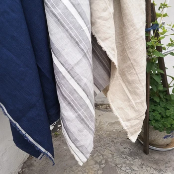 

100*140cm 100% Linen Material Yarn Dyed Stripe Deep Blue Natural French Flax Fabric