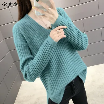 

Pullovers Women V-Neck Solid Elegant Simple Soft Warm Loose All-match Korean Style Ulzzang Sweet Womens Sweaters Chic Leisure