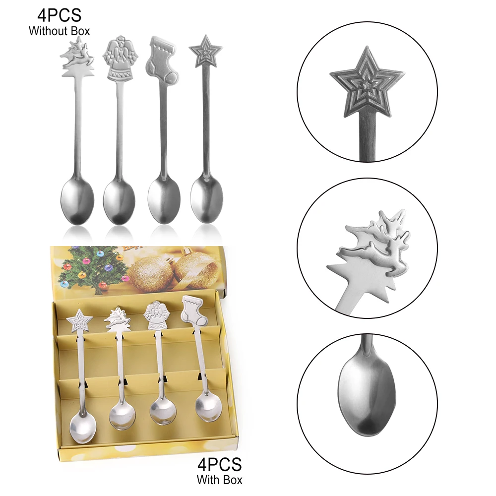 4Pcs Stainless Steel Tea Scoops Kids Spoon Tableware Christmas Coffee Spoons 
